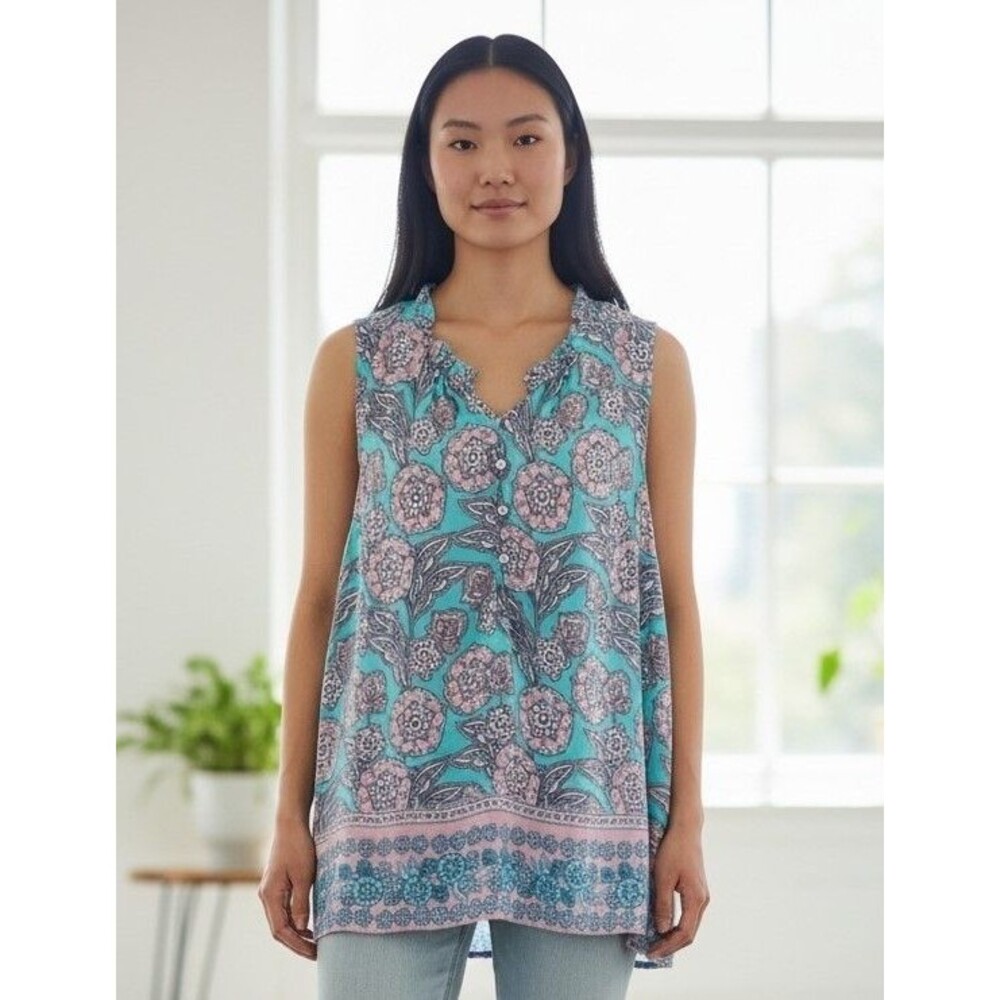 Talbots Sleeveless Blouse Aqua Pink Floral Button Ruffle Neck Womens Size Mp